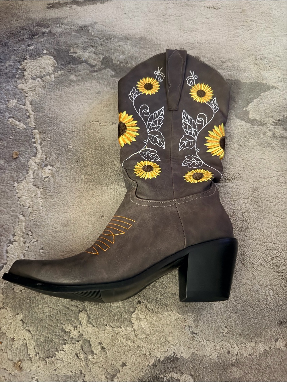 Western Sunflower Embroidered Mid-Calf Boot - Brown